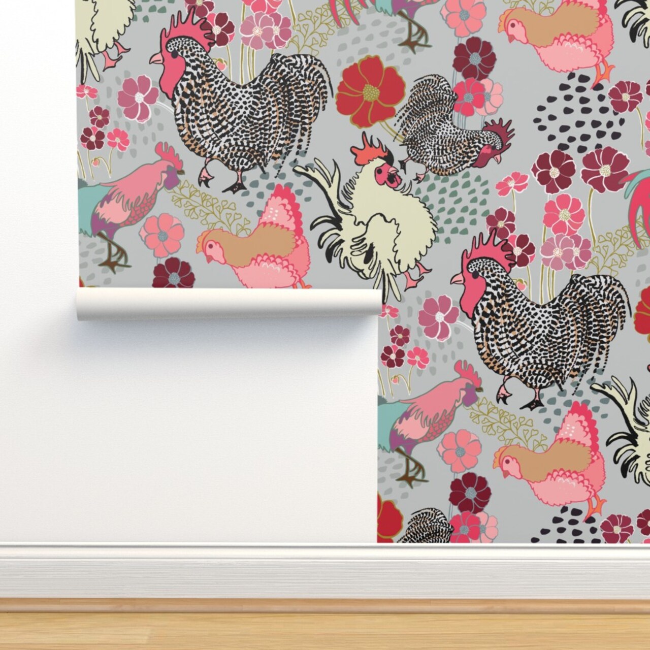 Rooster Parade Barnyard Chickens Farm Birds Floral Print Roosters Fowl Pink Custom Removable Wallpaper by Spoonflower Peel & Stick Wallpaper 2FT Wide